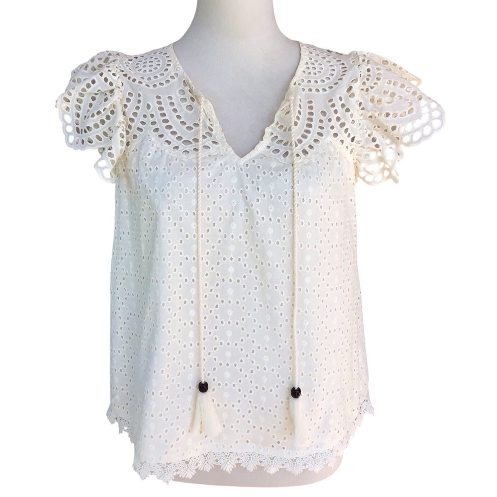 Jennifer & Grace Eyelet Crochet Trim Ruffle Sleeve Blouse in Cream - Picture 2 of 10
